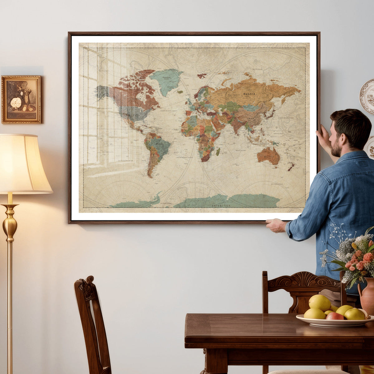 Vintage World Map Canvas Wall Art Print – Framed Modern