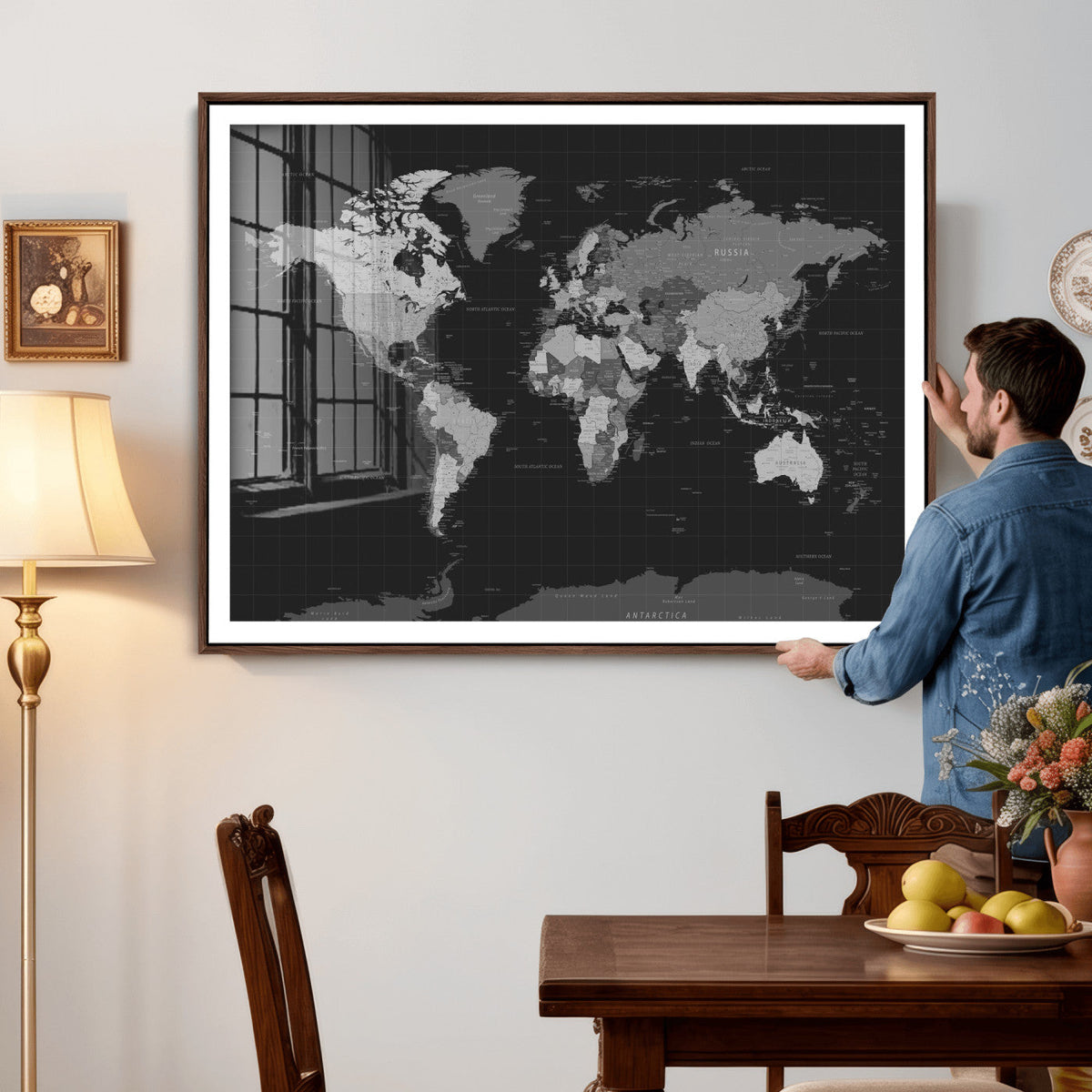Black World Map Wall Art Canvas Print – Detailed Map of the