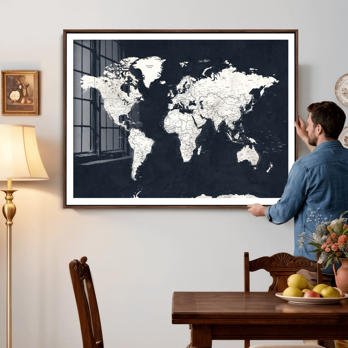 Black World Map Wall Art Canvas Print for Home Office and
