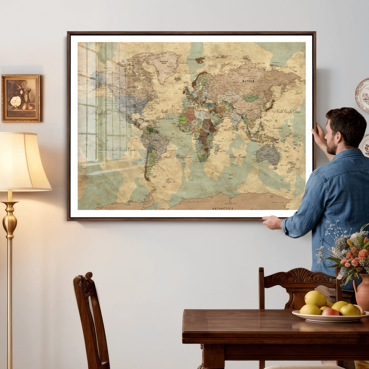Vintage World Map Wall Art | Ready to Hang and Framed