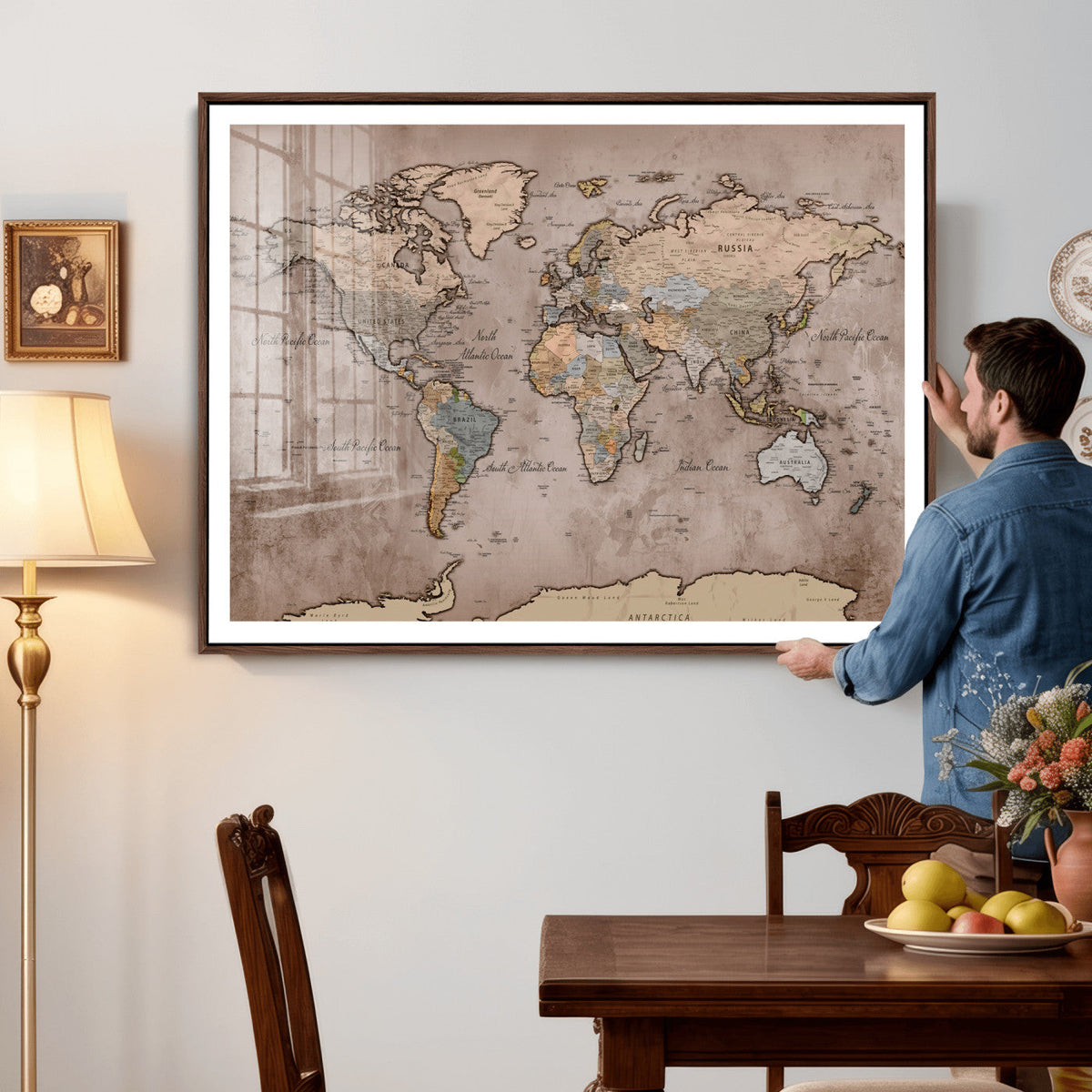 Grunge World Map Canvas Wall Art - Vintage Aged World Map