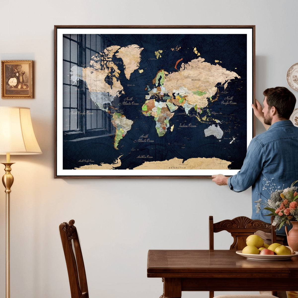 Minimalist World Map Canvas Wall Art - Watercolor Blue and