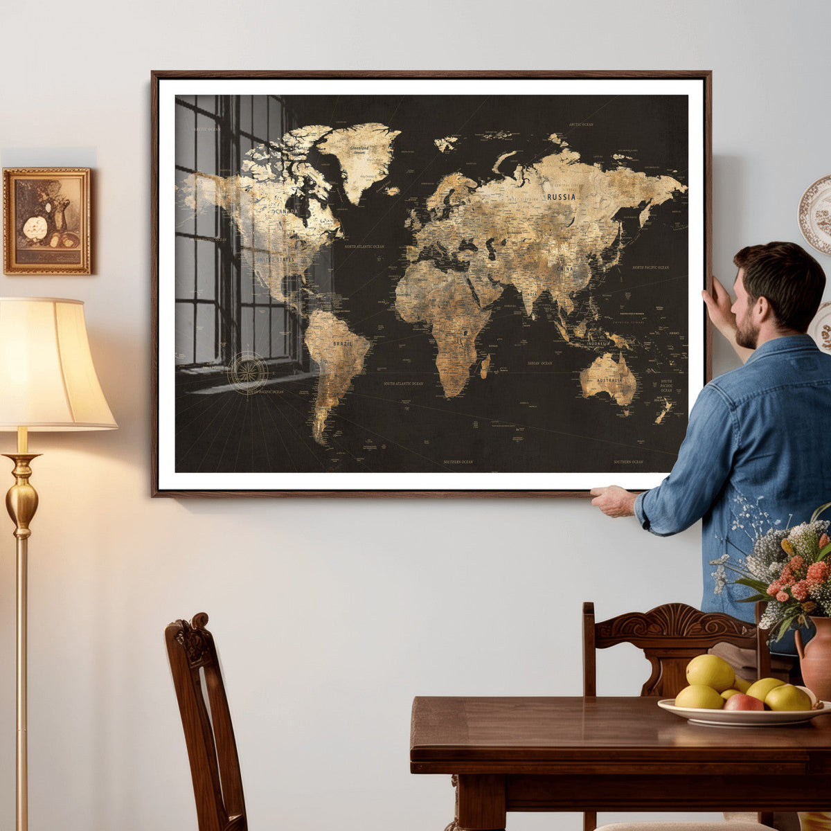 Framed World Map with Pin Canvas Print – Detailed World Map
