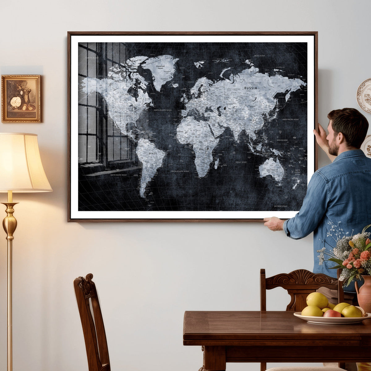 Black World Map Canvas Print – Detailed Map for Couples and