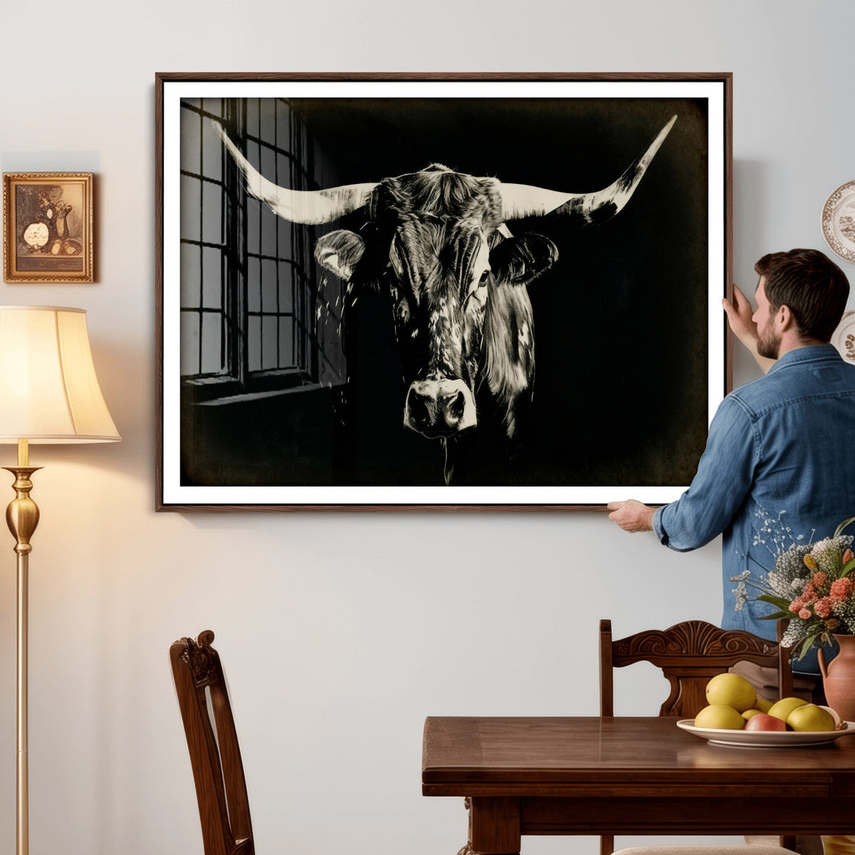 Black Bull Wall Art Canvas Print, Texas Longhorn Portrait