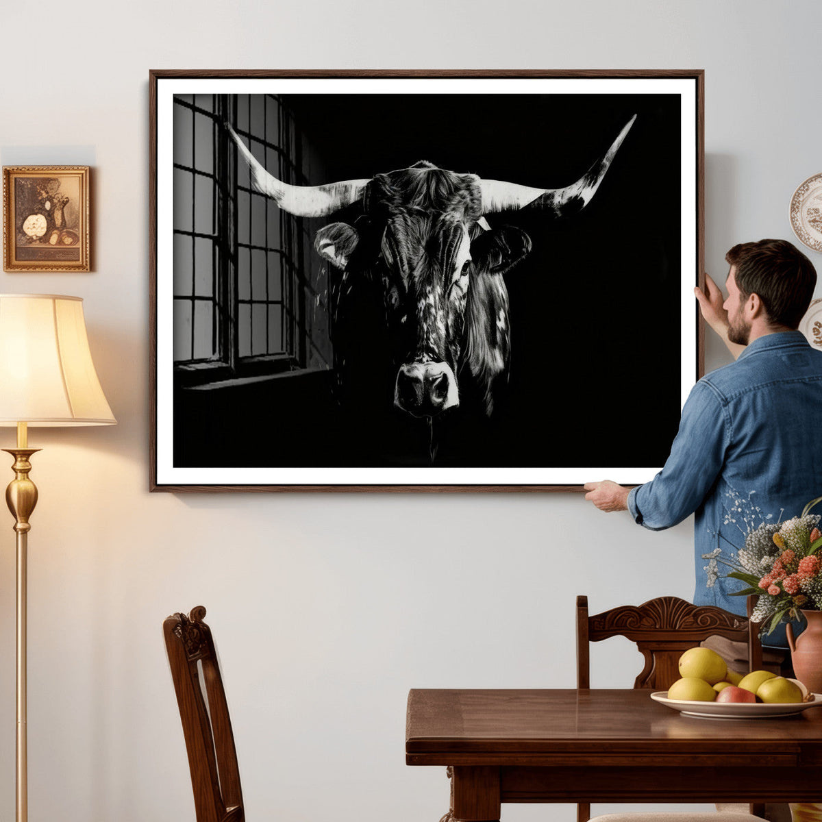 Black Bull Wall Art Canvas Print, Dark Longhorn Portrait