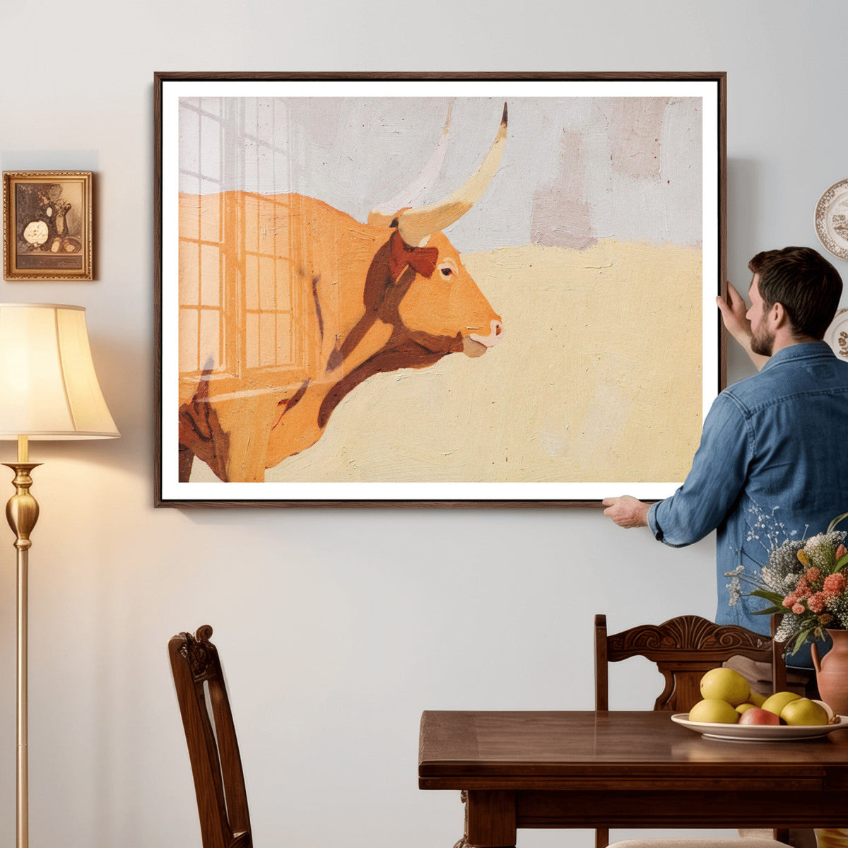 Minimal Longhorn Bull Wall Art Canvas Print, Neutral Western