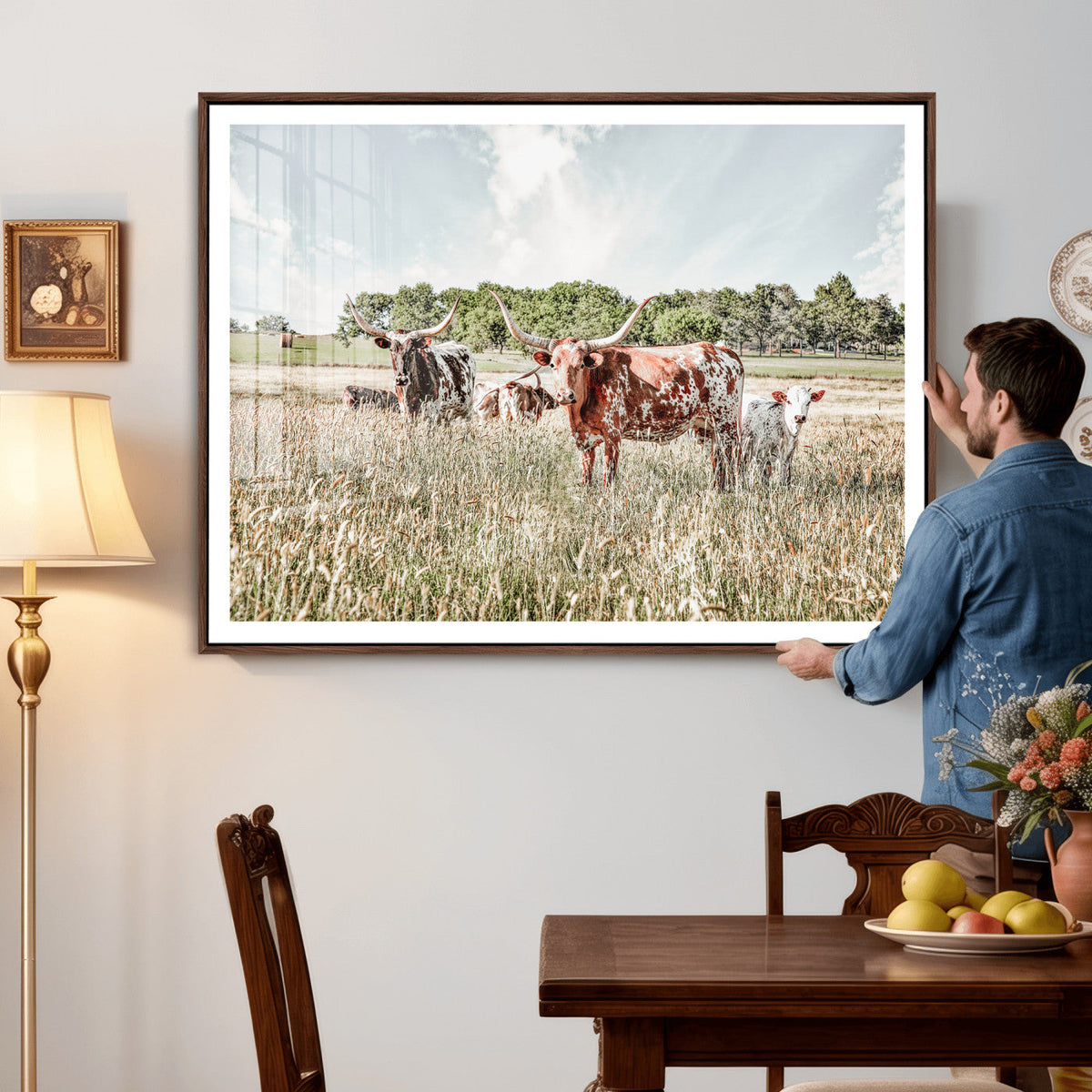 Texas Longhorn Cattle Wall Art Canvas Print, Rustic Ranch
