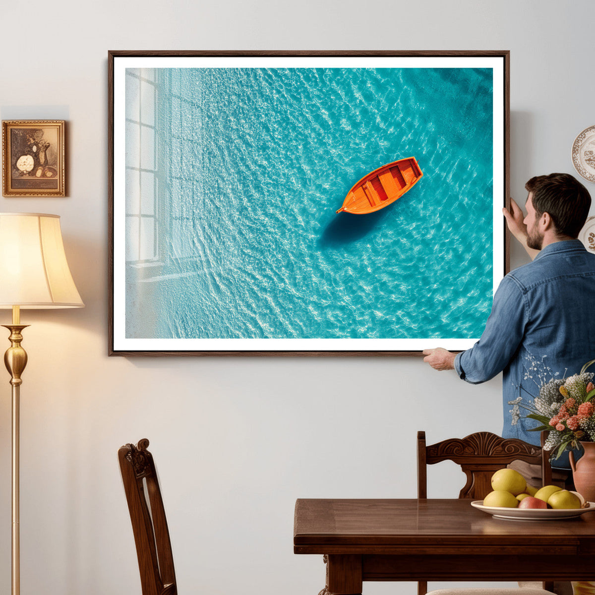 Minimalist Boat Wall Art Canvas Print, Aerial Sea Landscape