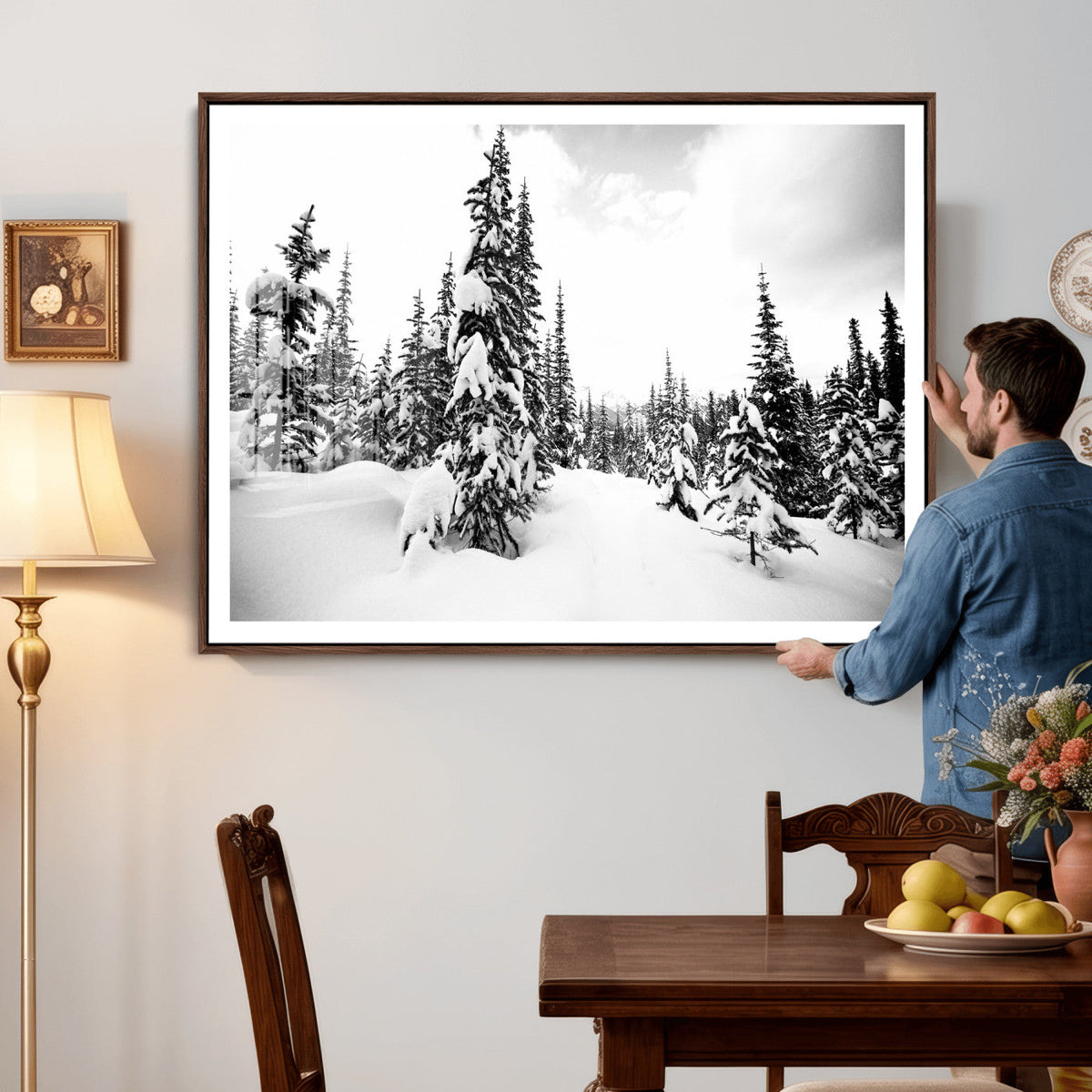 Black and White Snowy Pine Forest Wall Art Canvas Print,