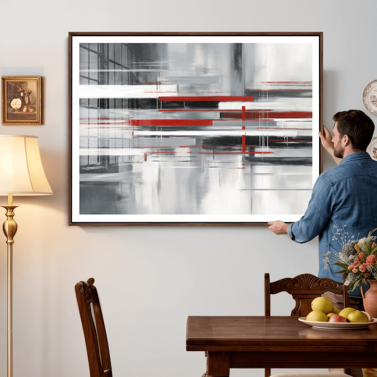 Gray Red Abstract Wall Art Canvas Print, Modern Abstract
