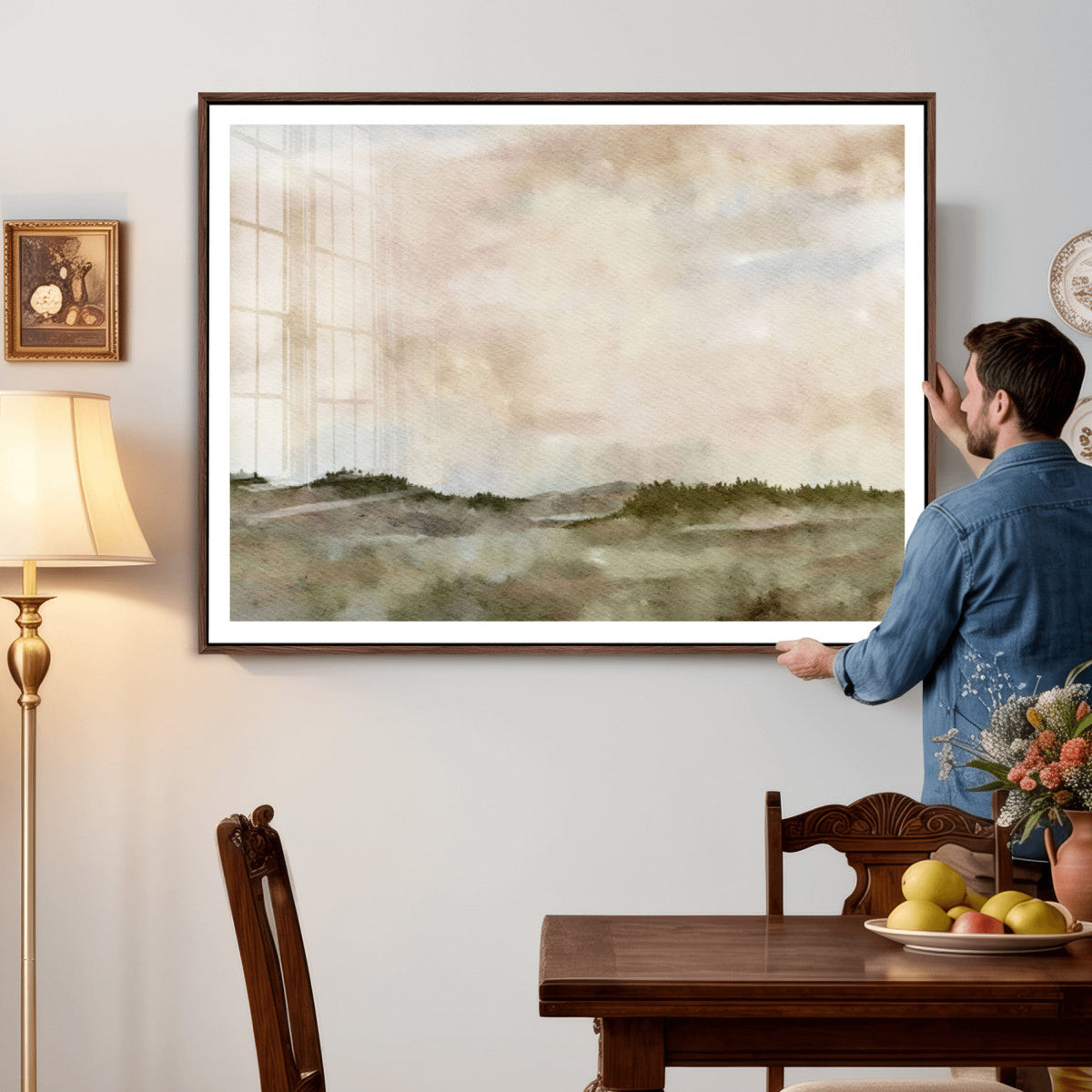 Muted Watercolor Hill Landscape Print — Beige Taupe Cloudy