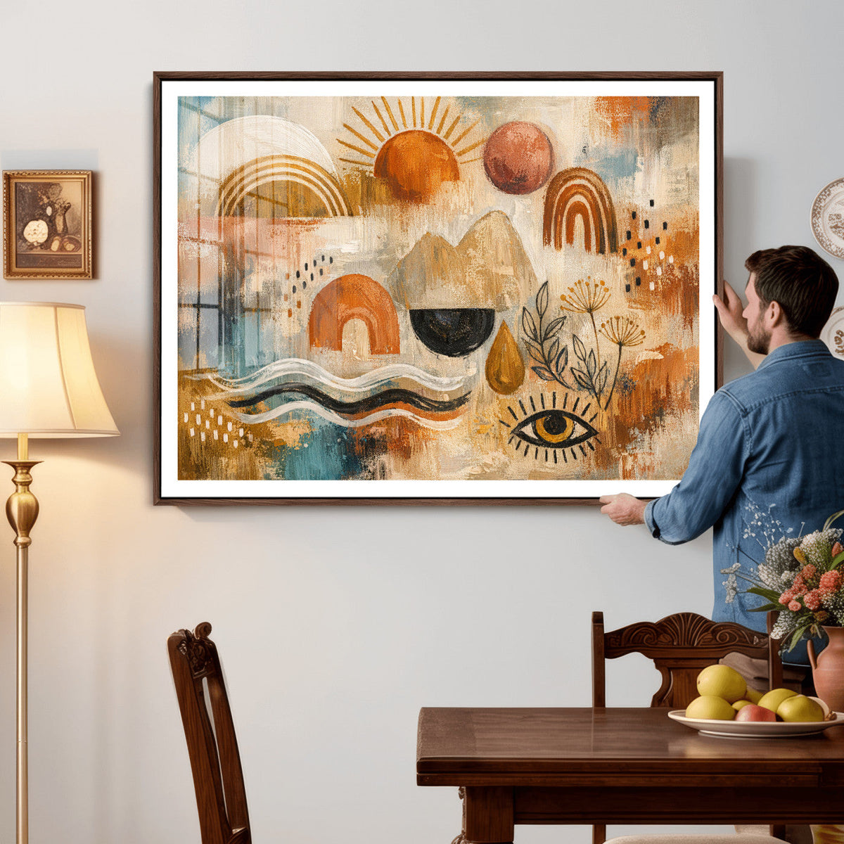 Geometric Boho Abstract Wall Art Canvas Print, Orange Blue