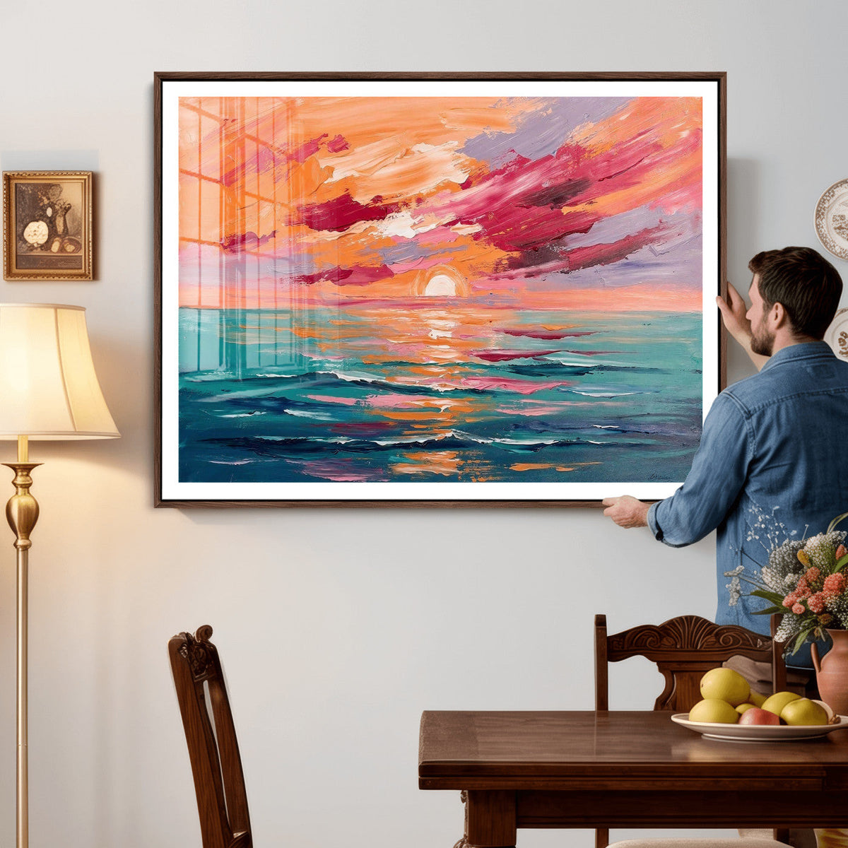 Bold Palette Knife Ocean Sunset Canvas — Orange Pink Teal
