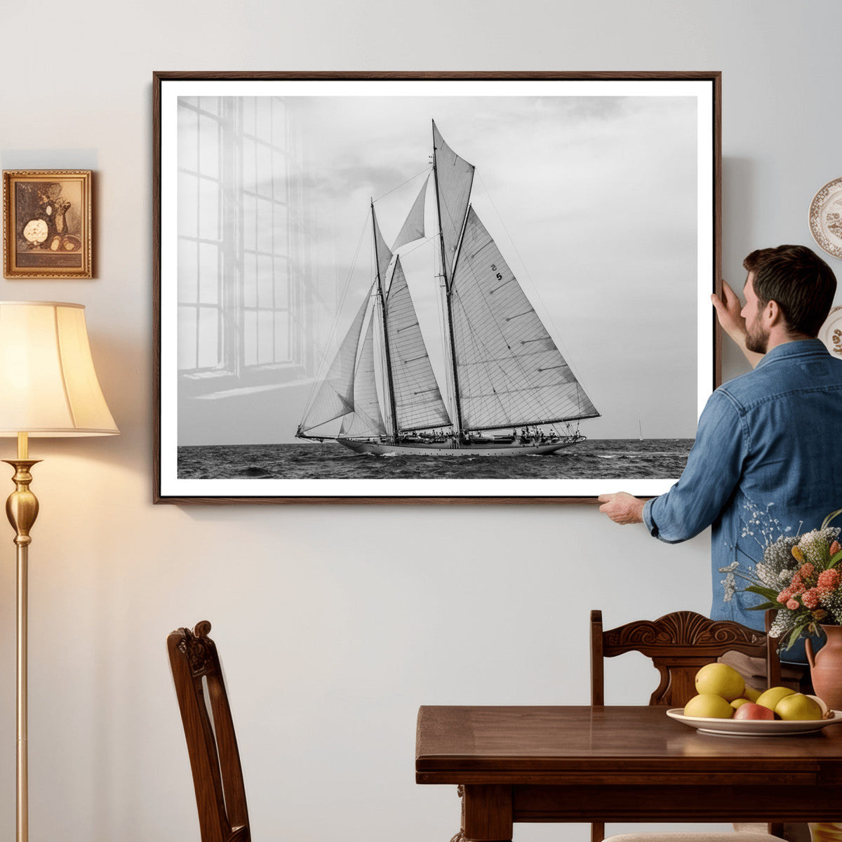 Vintage Sailboat Wall Art Canvas Print, Black and White