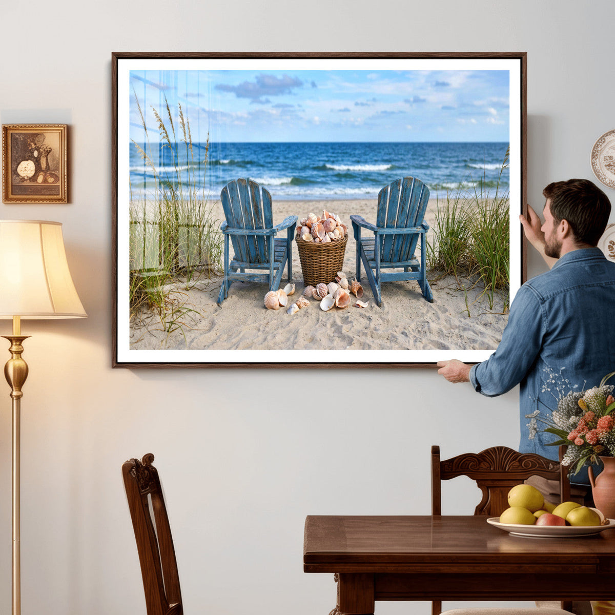 Large Beach Canvas Wall Art Coastal Adirondack Chairs Ocean