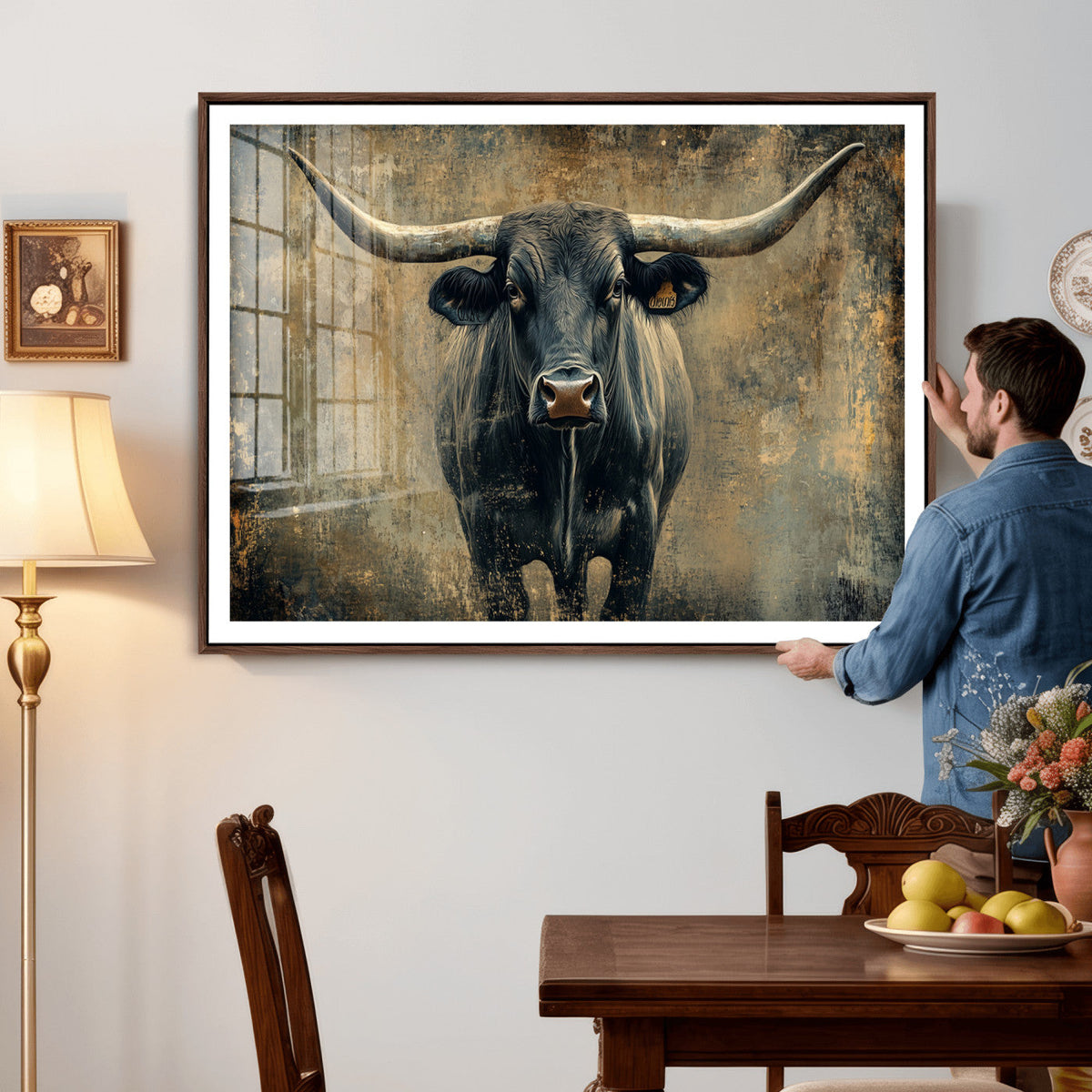 Texas Longhorn Bull Wall Art – Framed Rustic Cow Canvas