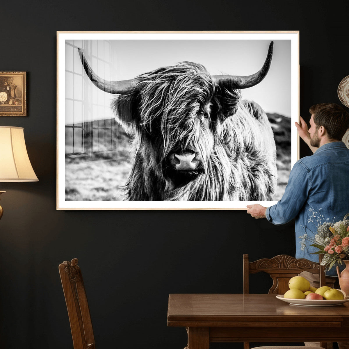 Black and White Scottish Cow Canvas Wall Art Highland Cattle