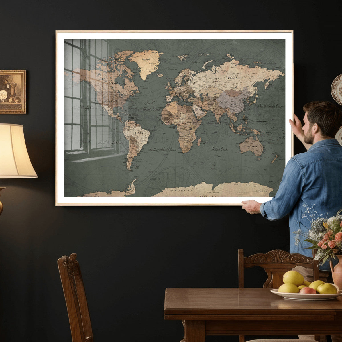 Rustic Black and Wood World Map Canvas Wall Art – Framed