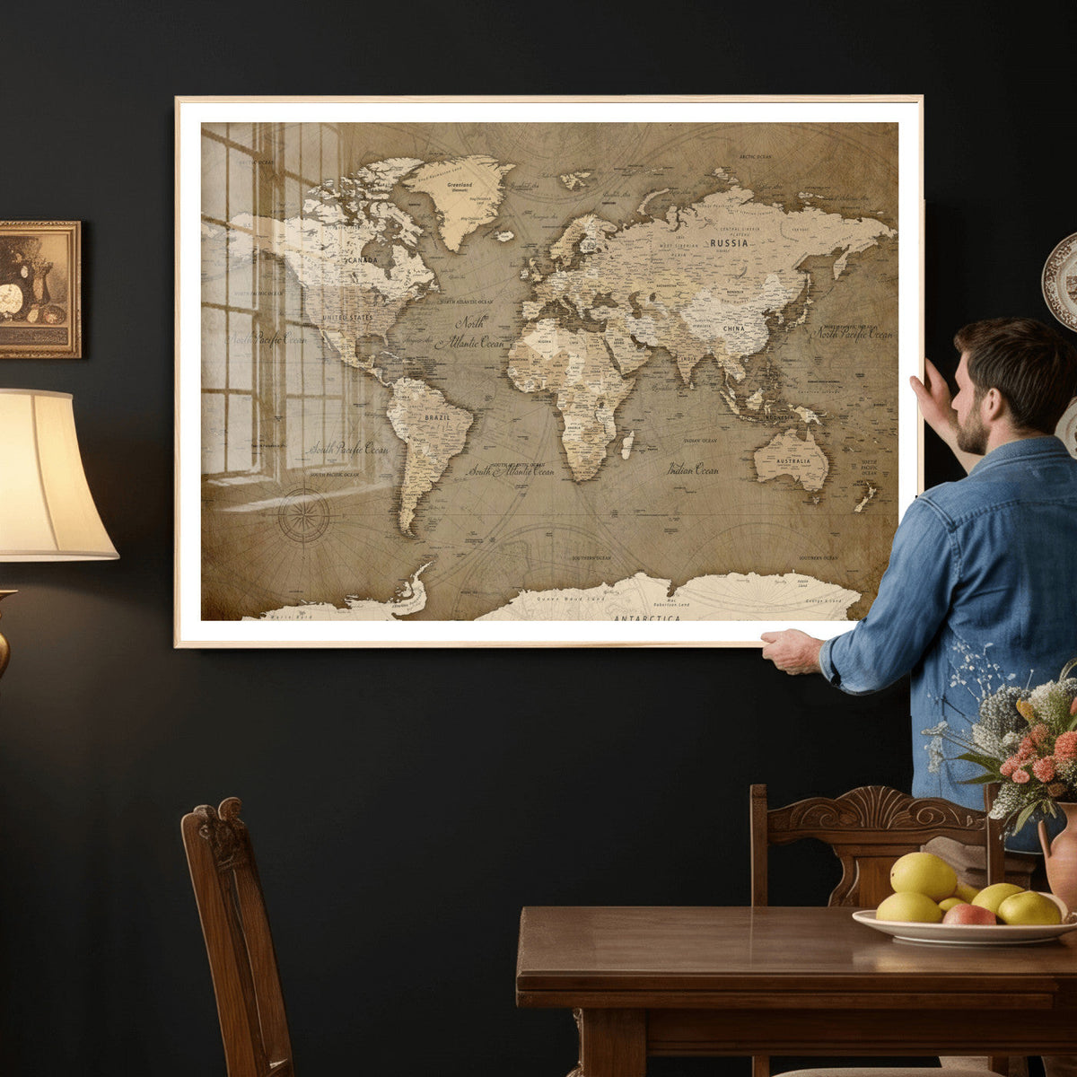 World Map Wall Art Canvas Print, Framed Map Art Picture