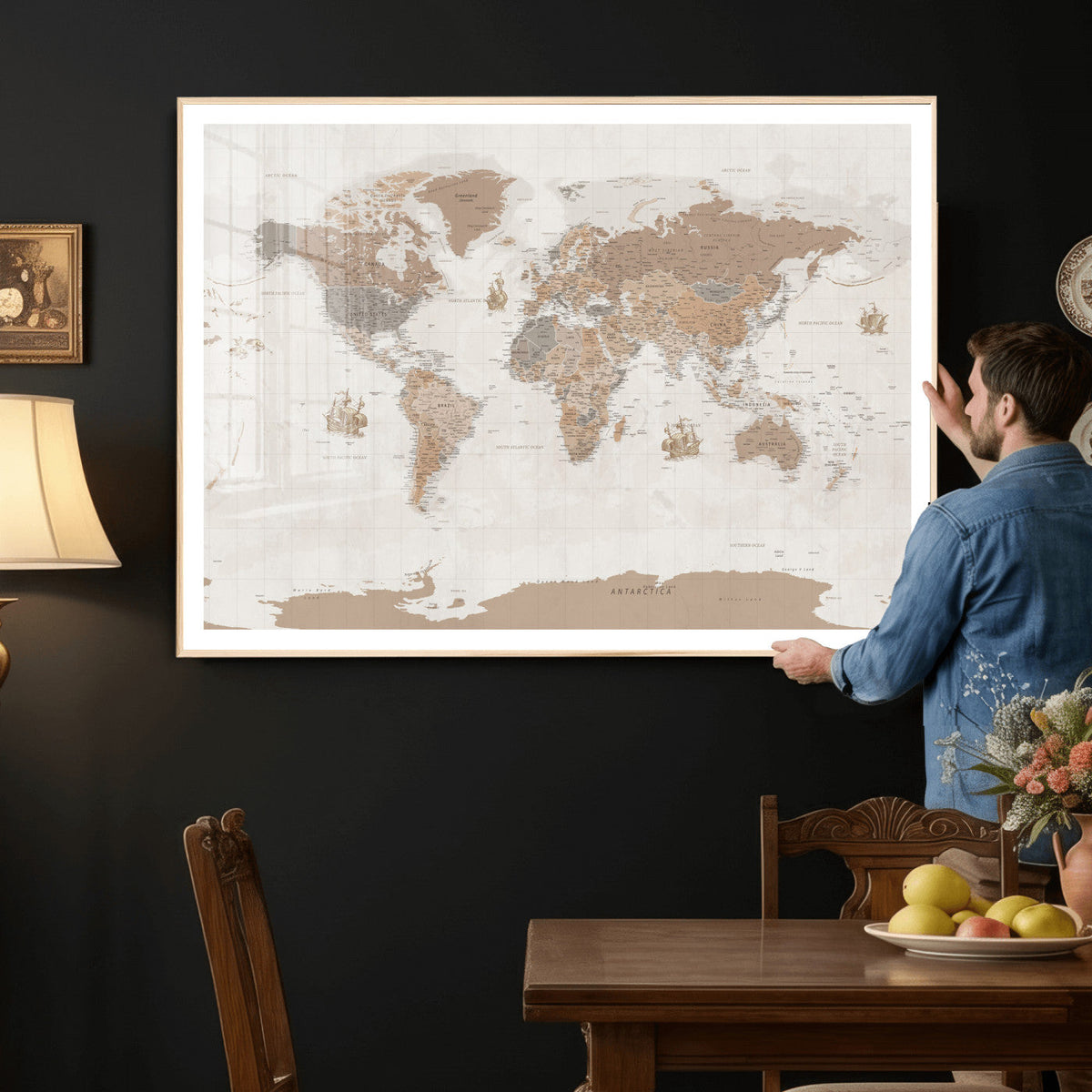 Framed Large World Map Canvas Print for Office Decor