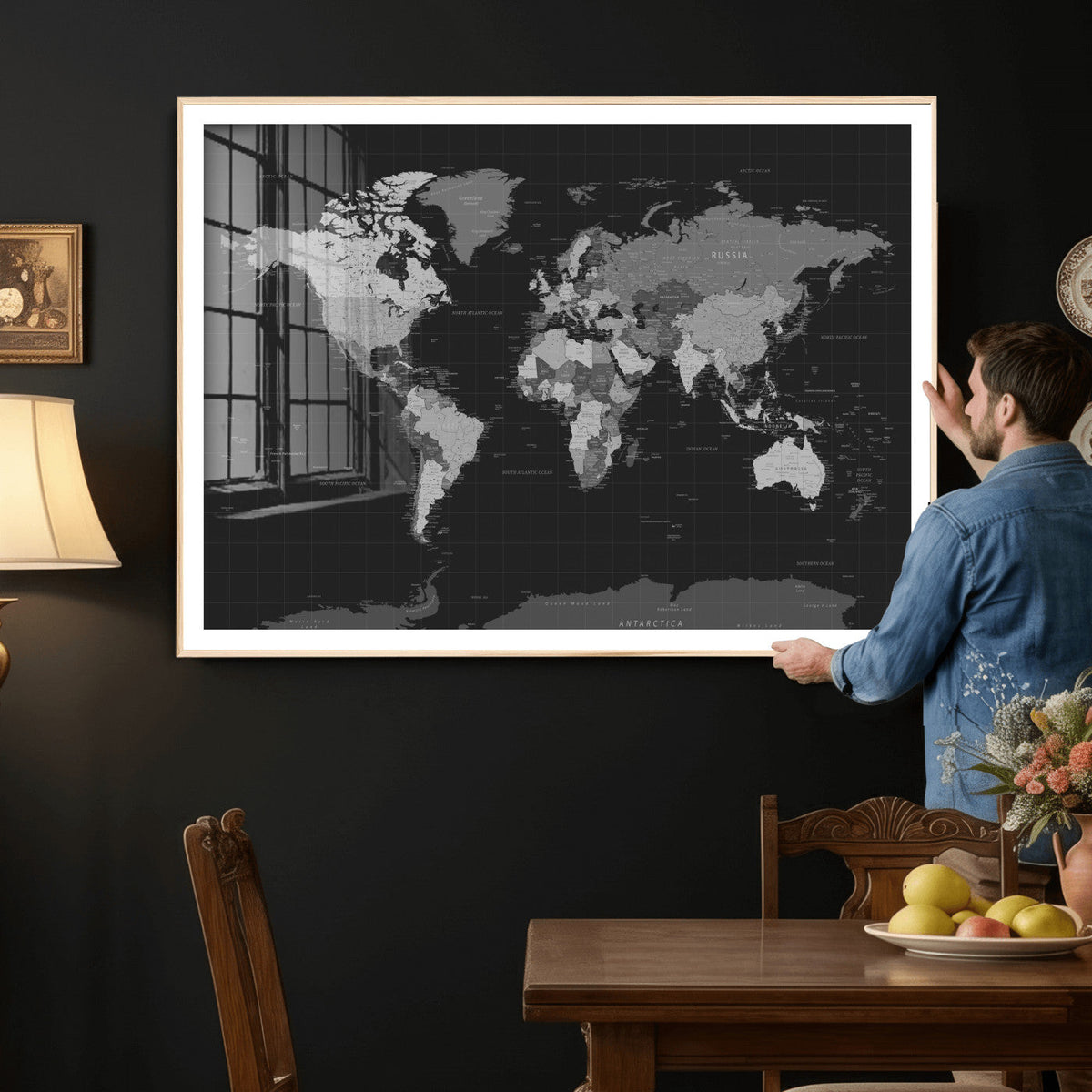 Black World Map Wall Art Canvas Print – Detailed Map of the