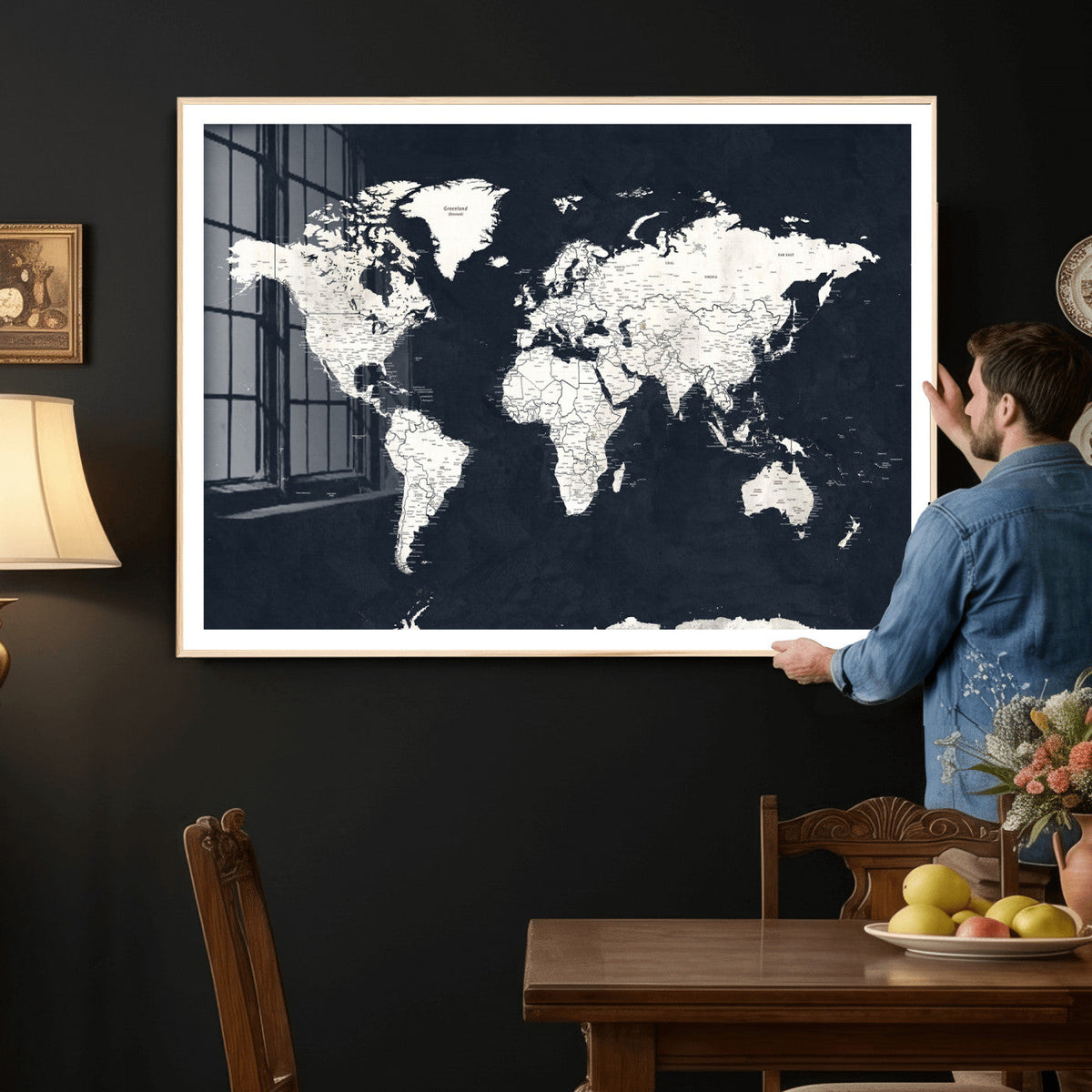 Black World Map Wall Art Canvas Print for Home Office and