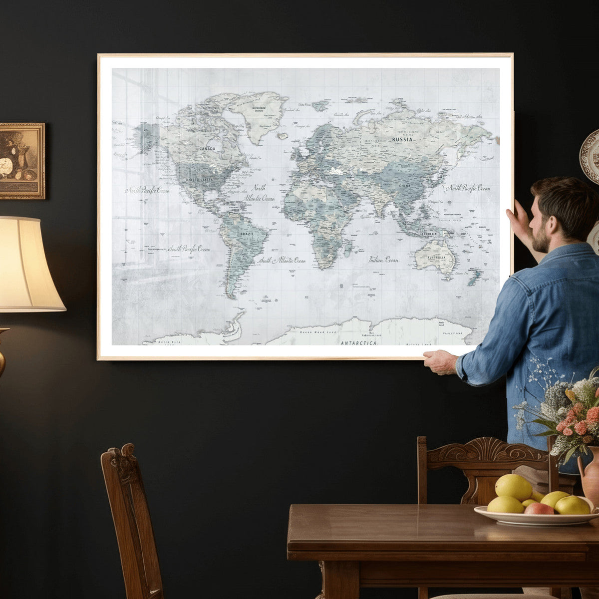 Push Pin World Map Canvas Print - Detailed Vintage World Map