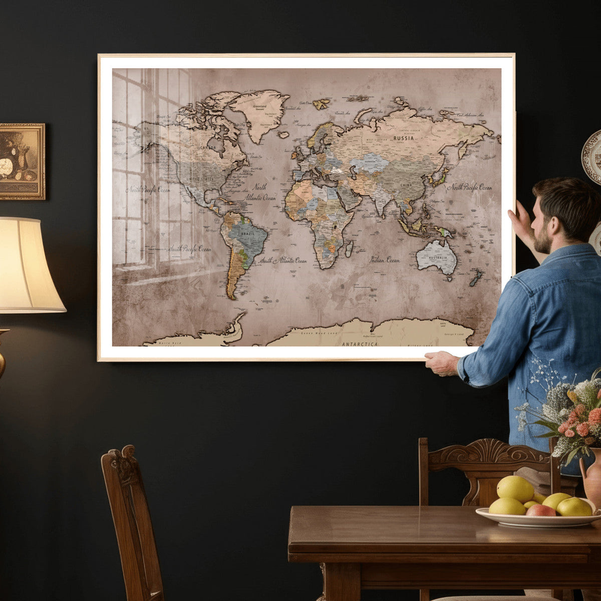 Grunge World Map Canvas Wall Art - Vintage Aged World Map
