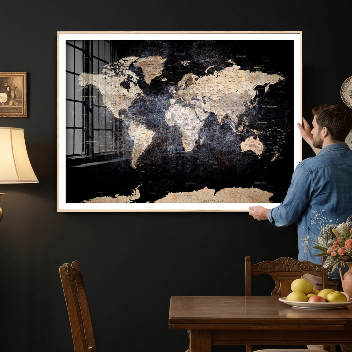 Grunge World Map Wall Art | 3-Panel Large Beige and Brown