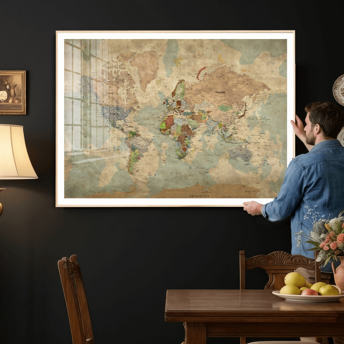 World Map Wall Art Canvas Print, Rustic Map Print, Framed