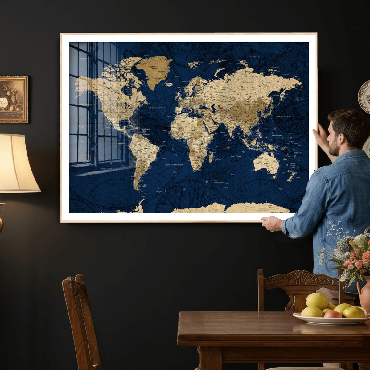 Navy Blue World Map Canvas Print – Detailed Map Minimal Navy