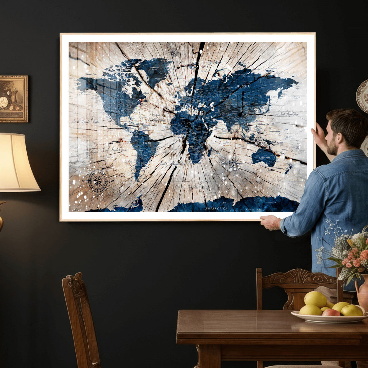 Rustic World Map Canvas Print – Framed Wall Art for Couples,