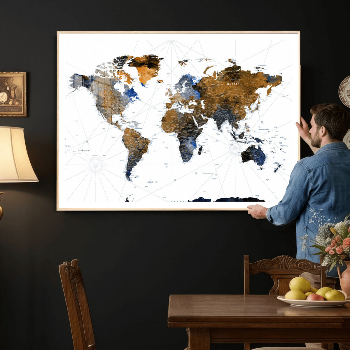 World Map Wall Art Canvas Print, Modern Decorative Framed
