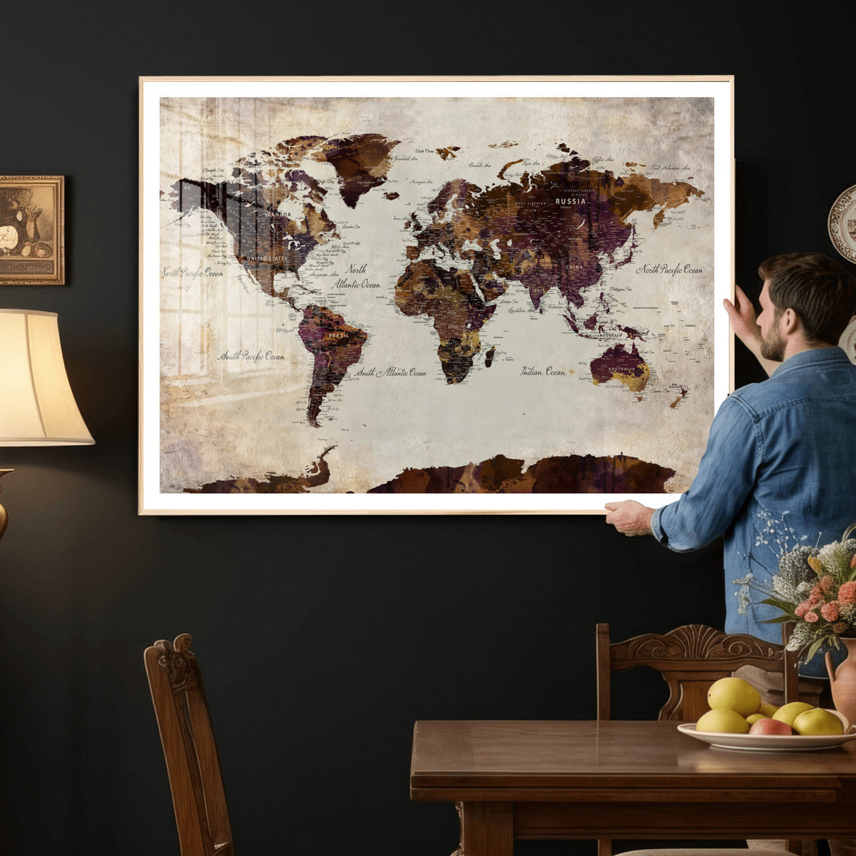 World Map Canvas Triptych – Colorful Global Wall Art for