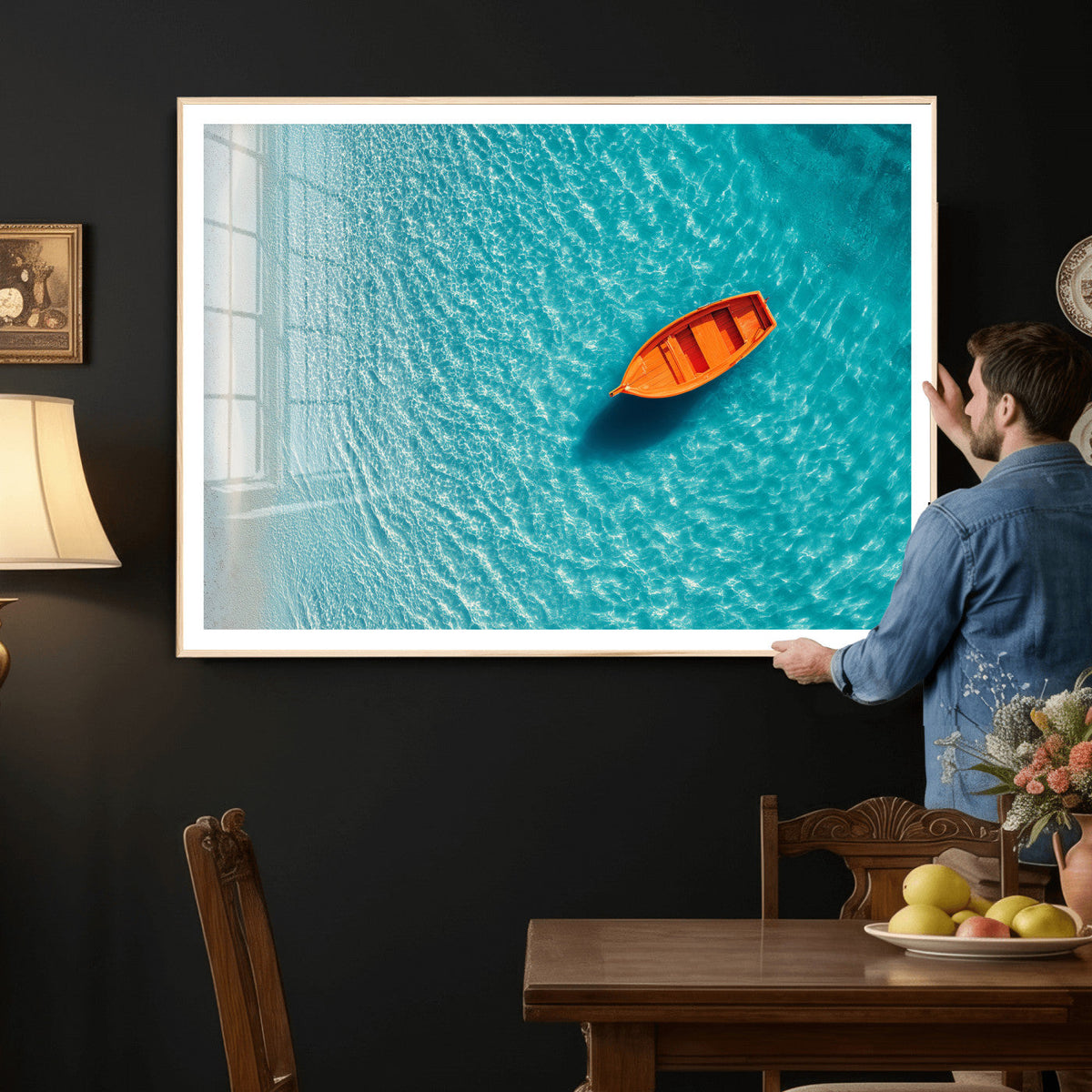 Minimalist Boat Wall Art Canvas Print, Aerial Sea Landscape