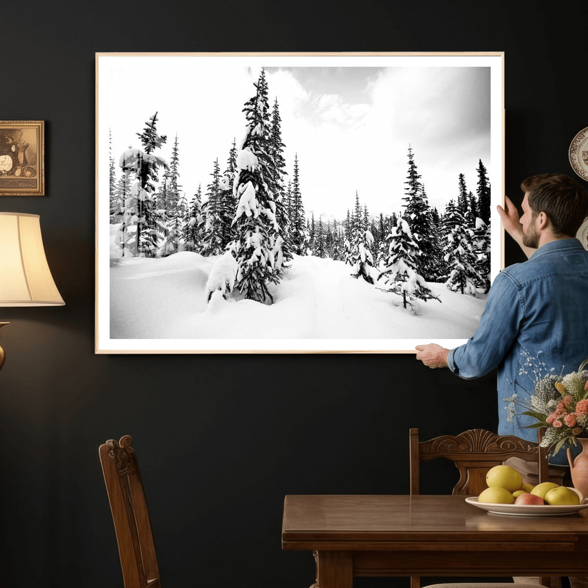 Black and White Snowy Pine Forest Wall Art Canvas Print,