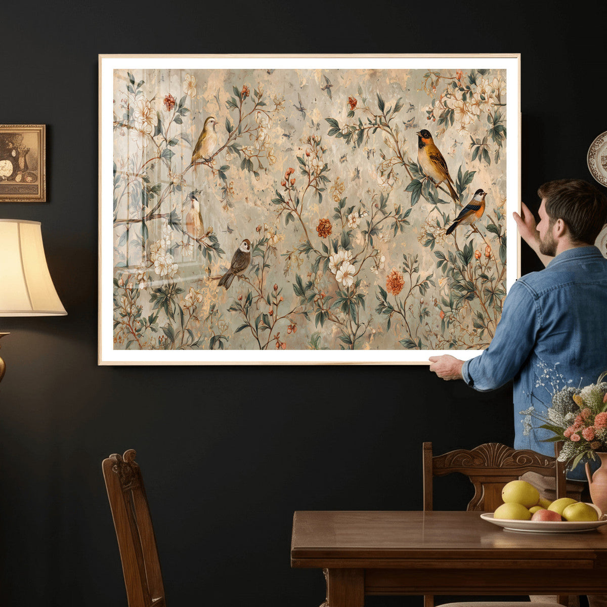 Vintage Birds and Flowers Wall Art Canvas Print, Botanical
