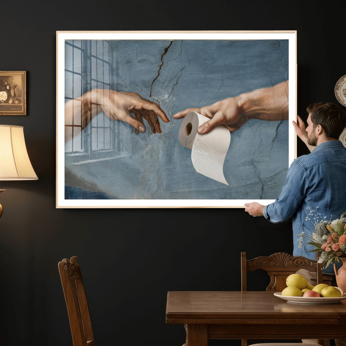 Funny Bathroom Canvas Wall Art, Michelangelo Creation of