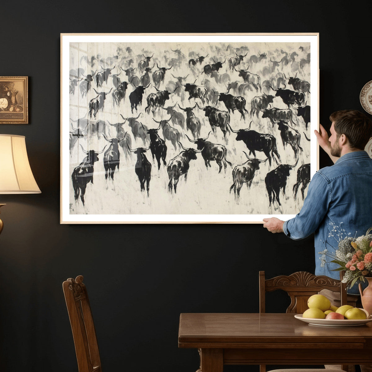 Longhorn Cattle Canvas Wall Art, Black White Stampede Ink