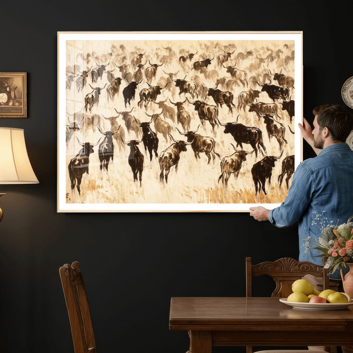 Texas Longhorn Sepia Canvas Wall Art, Western Cattle