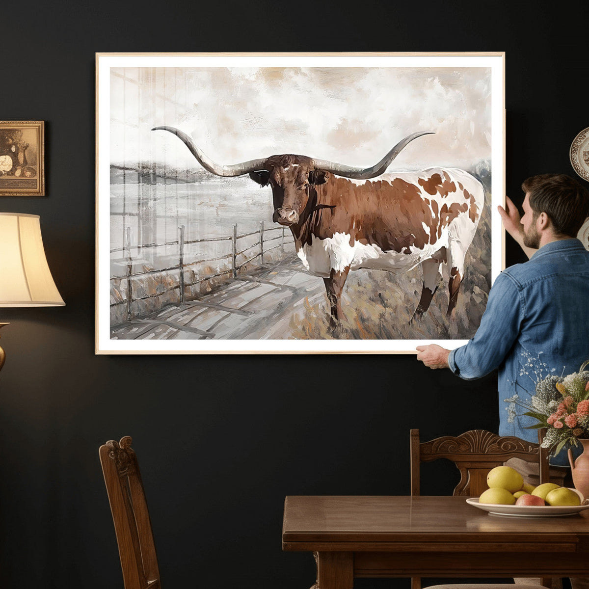 Vintage Texas Cow Wall Art Canvas Print, Rustic Longhorn