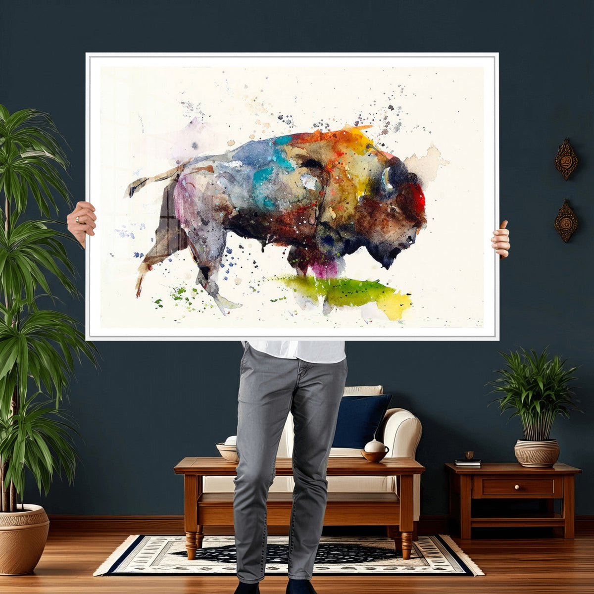Abstract Buffalo Wall Art, Western Watercolor Bison Canvas