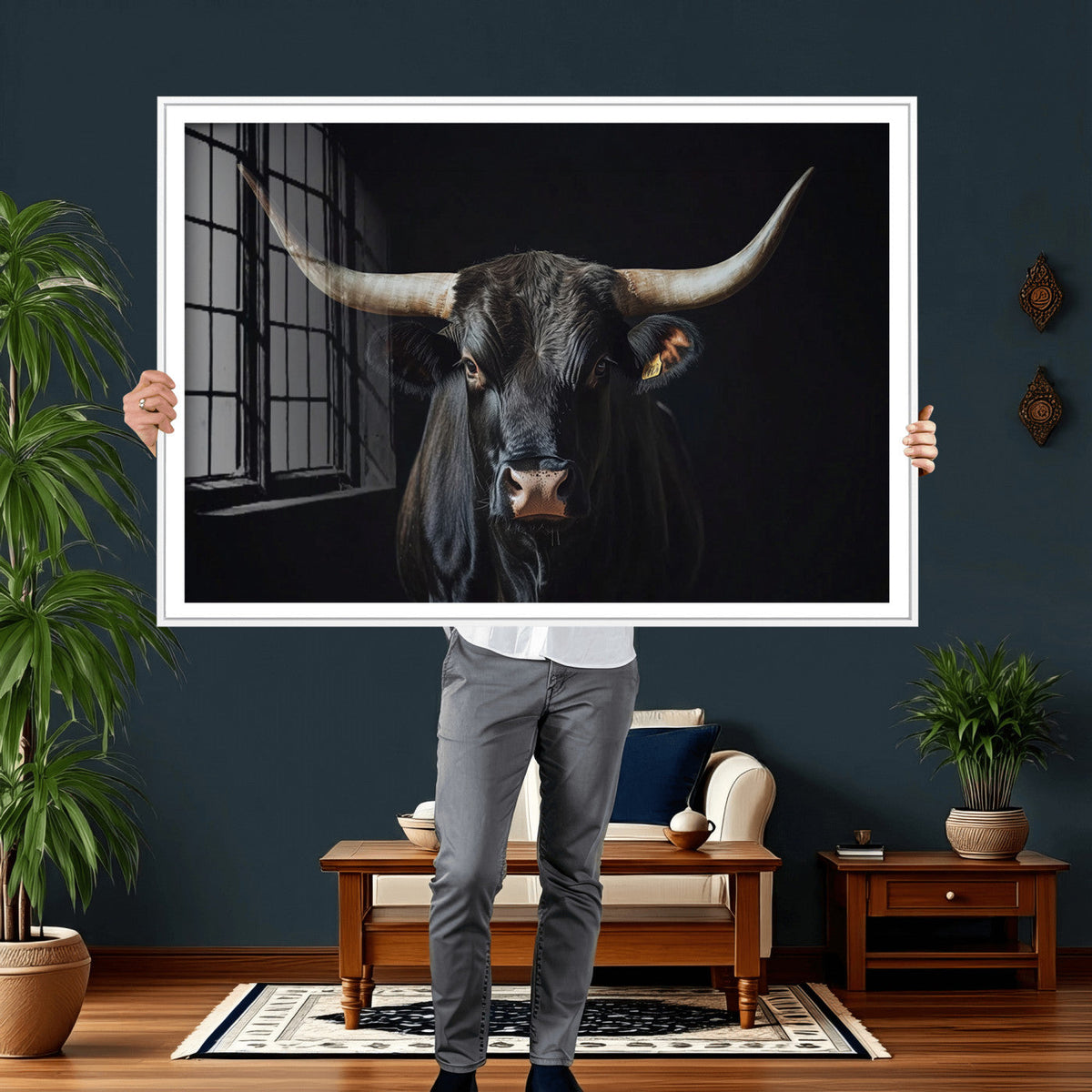 Majestic Longhorn Bull Wall Art Canvas Print – Dark