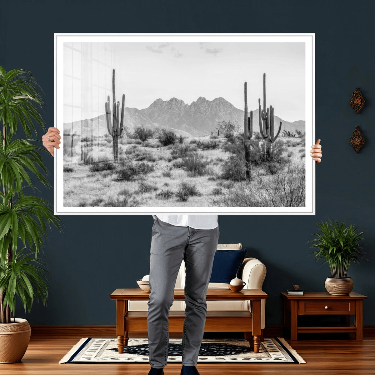 Black White Arizona Desert Canvas Wall Art Cactus Farmhouse