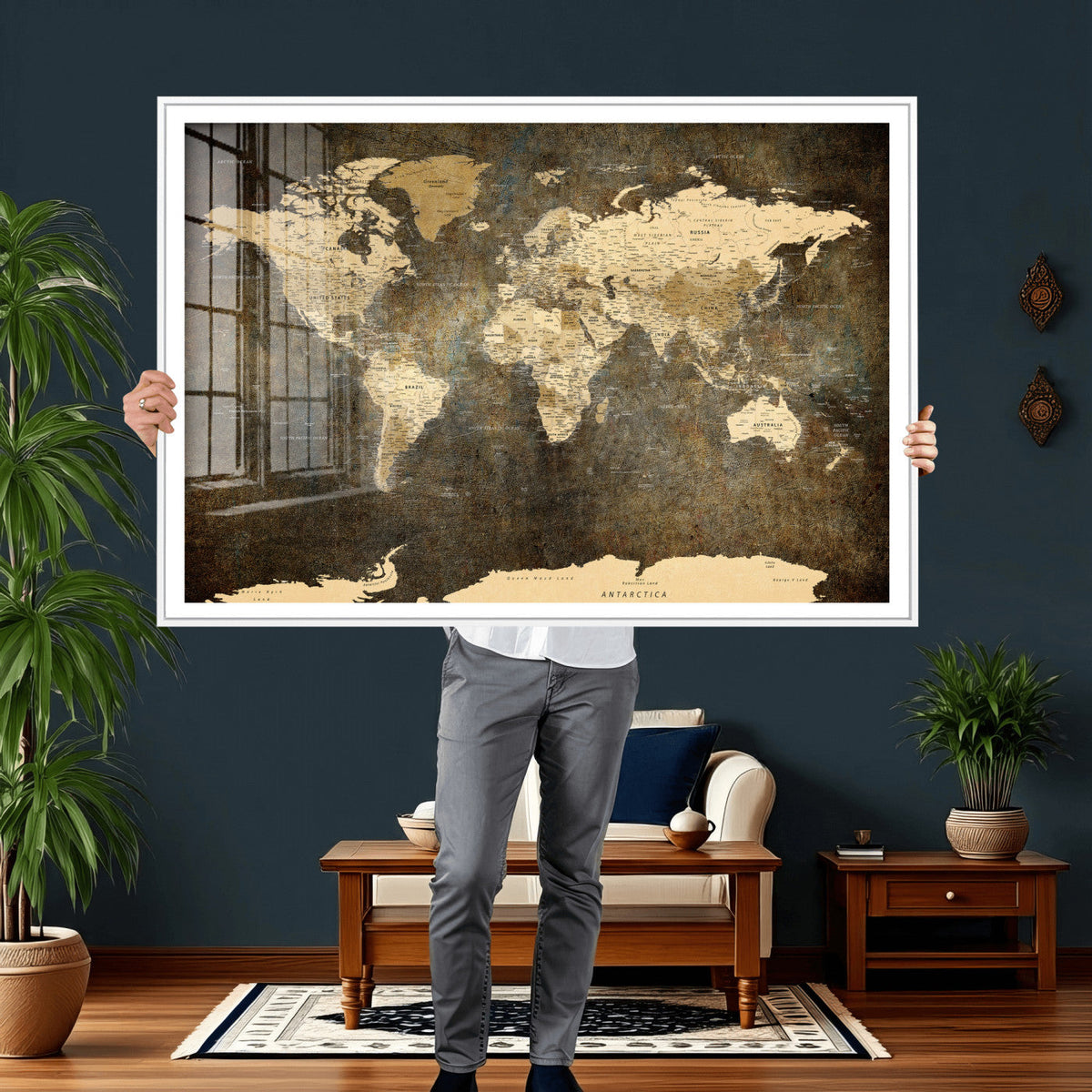 Large Framed Vintage World Map Wall Art Print for Home Wall