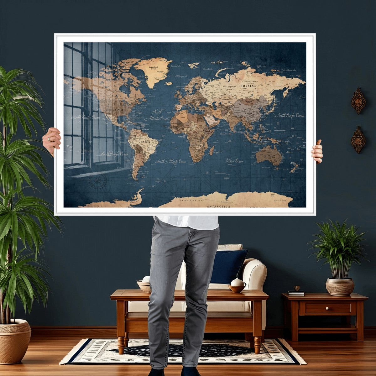 Navy Blue World Map Canvas Print – Framed Travel Map Wall