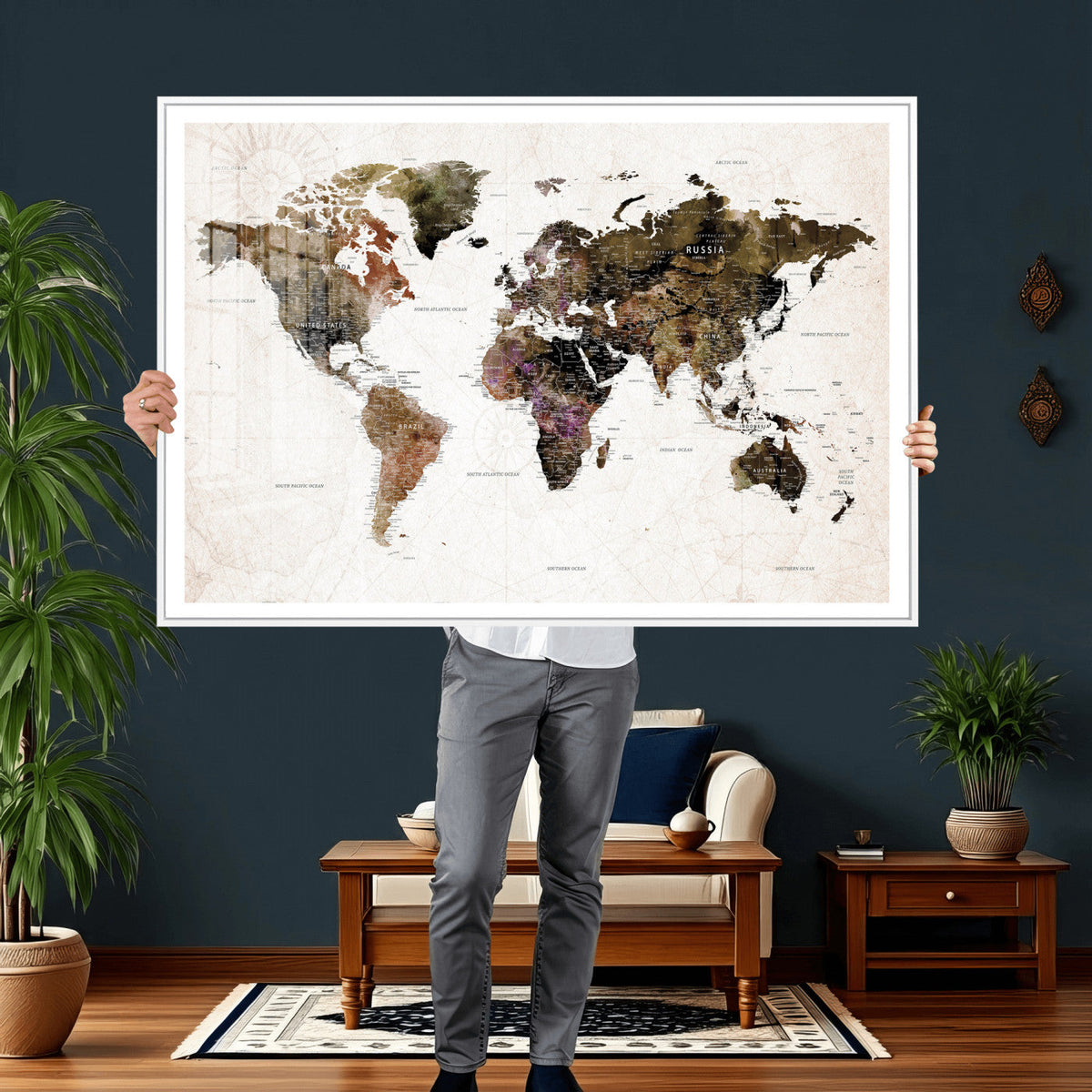 Watercolor World Map Print - Large Wall Art Canvas Print for