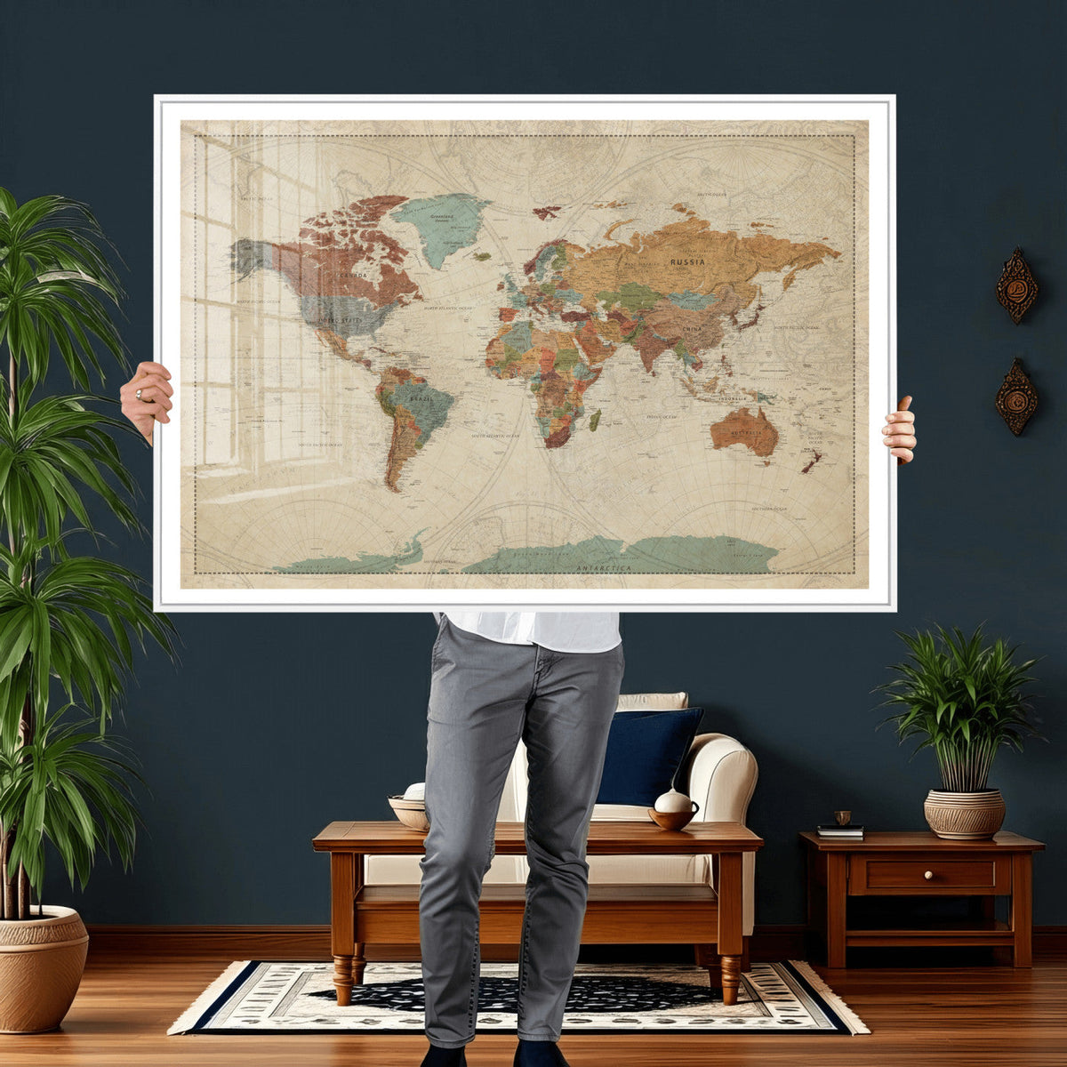 Vintage World Map Canvas Wall Art Print – Framed Modern