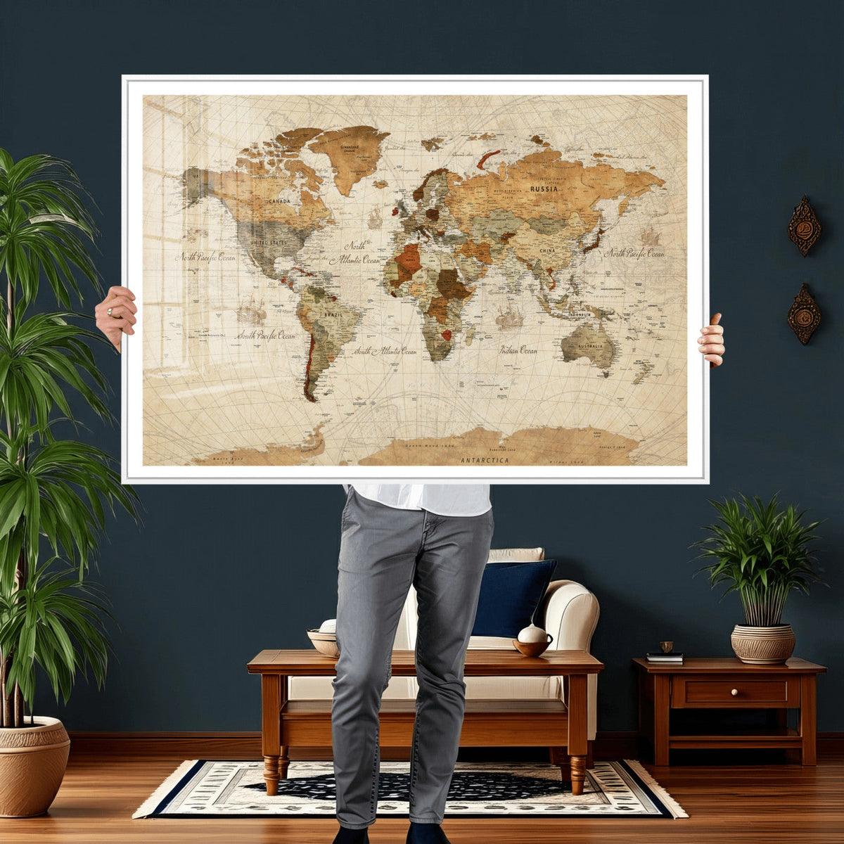 Rustic Vintage World Map Canvas Print – Framed Modern